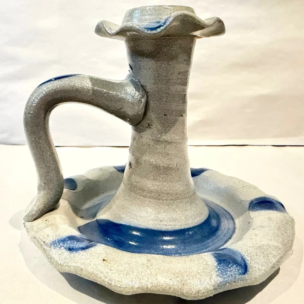 Rowe Pottery Works 1992 Salt Glaze Chamber Stick Candleholder Cobalt Floral